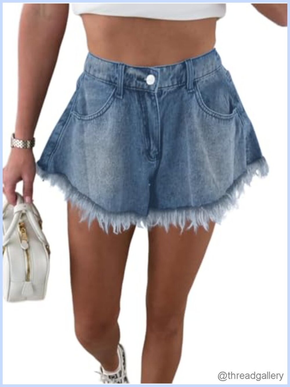 High Waisted Denim Shorts Raw Hem Relaxed Fit Wide Leg